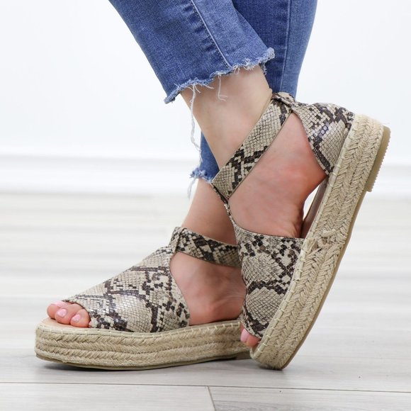 Shoes - Espadrille Platform Snake Print Ankle Strap Sandal